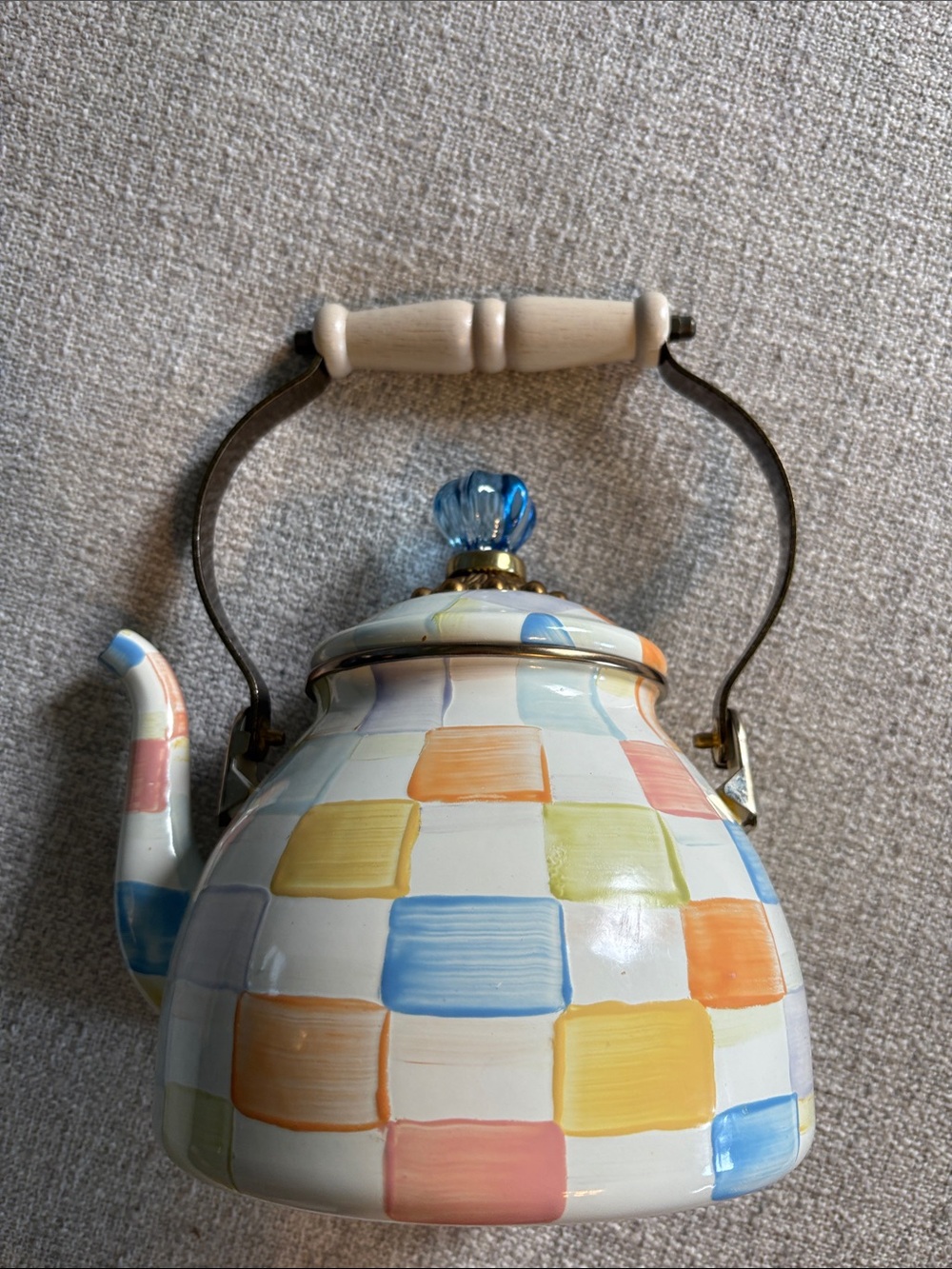 MacKenzie-Childs Pastel Checkered Teapot with Blue Glass Finial